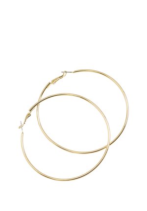 Two thin gold hoop earrings with hinged clasps, overlapping on a white background.