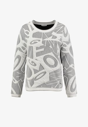 Felpa girocollo grigia a righe con motivi astratti bianchi, colletto e polsini a coste, caratterizzata da una finitura texturizzata e una vestibilità comoda.