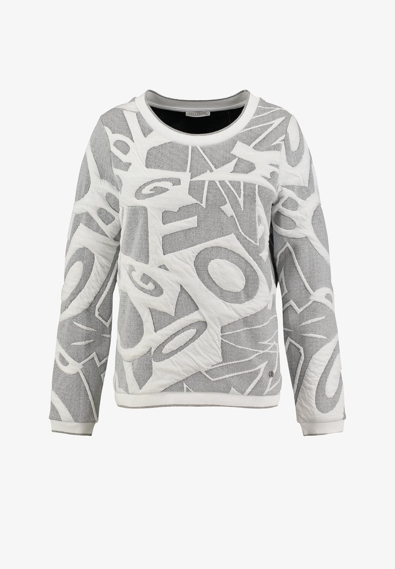 Felpa girocollo grigia a righe con motivi astratti bianchi, colletto e polsini a coste, caratterizzata da una finitura texturizzata e una vestibilità comoda.