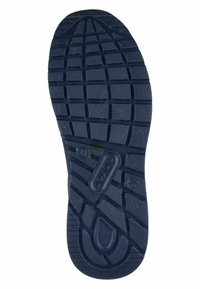 Rubber shoe sole in dark blue with a textured pattern of squares and grooves for traction. Features logo and size marking.