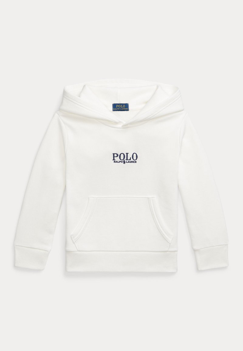 Moletão branco feito de material macio, com um bolso frontal, punhos canelados e capuz com cordão. Logótipo "POLO" bordado em azul marinho.