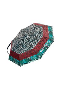 Kompaktowa parasolka w wzory zebra i lamparta w kolorach czerni, czerwieni, turkusu i beżu, z czarnym paskiem na nadgarstek oraz brandingiem "BIMBA Y LOLA".