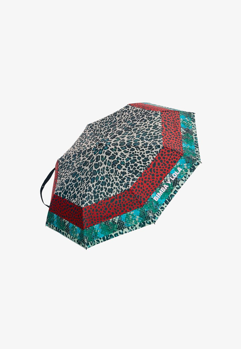 Kompaktowa parasolka w wzory zebra i lamparta w kolorach czerni, czerwieni, turkusu i beżu, z czarnym paskiem na nadgarstek oraz brandingiem "BIMBA Y LOLA".