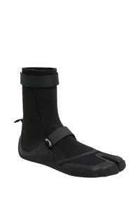 Black wetsuit boot with neoprene material, ankle strap, textured sole, and split toe design for enhanced grip and flexibility.