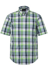 Korte mouwen geruit shirt in groen, marineblauw en wit; met een button-down kraag en een borstzak. Gemaakt van een lichtgewicht stof.