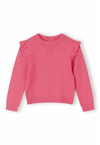 Rosa gestrickter Pullover mit Rüschendetails an den Schultern, Rundhalsausschnitt und gerippten Bündchen und Saum. Die Textur ist glatt und weich.