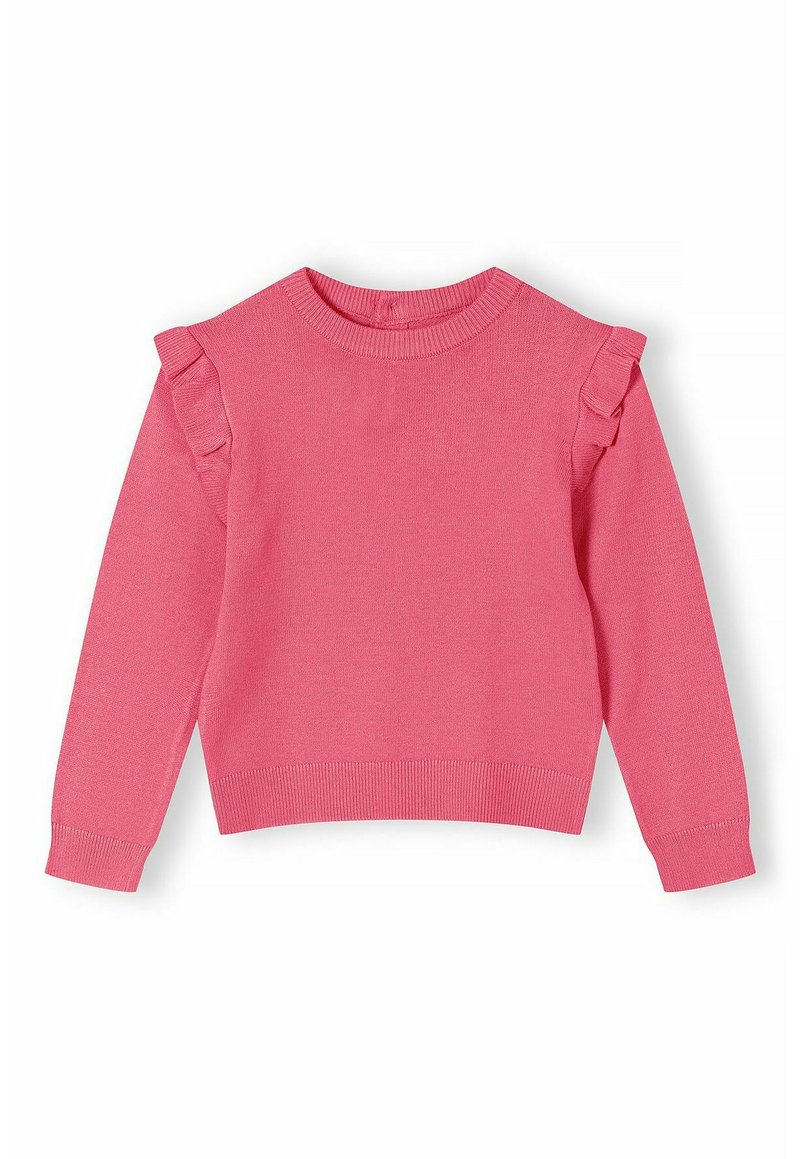 Suéter de punto rosa con acentos de volantes en los hombros, cuello redondo y puños y dobladillo acanalados. La textura es suave y lisa.