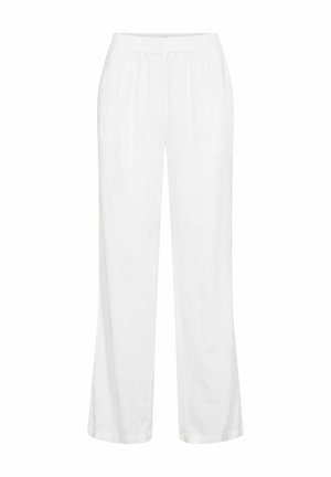 Baltas, viegls lina bikses ar elastīgu jostu, taisna kāju dizainu un bez redzamām rakstu vai aparatūras detaļām.