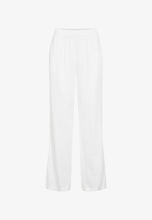 Baltas, viegls lina bikses ar elastīgu jostu, taisna kāju dizainu un bez redzamām rakstu vai aparatūras detaļām.