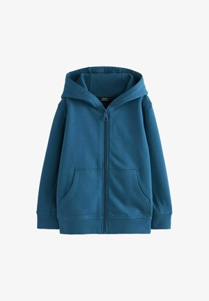 Felpa con zip di colore teal realizzata in morbido tessuto, dotata di zip anteriore, due tasche laterali, orlo e polsini a coste, e cappuccio foderato.