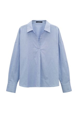 Chemise bleu clair à manches longues avec un col, décolleté en V et coupe décontractée. Fabriquée dans un tissu texturé avec un motif subtil.