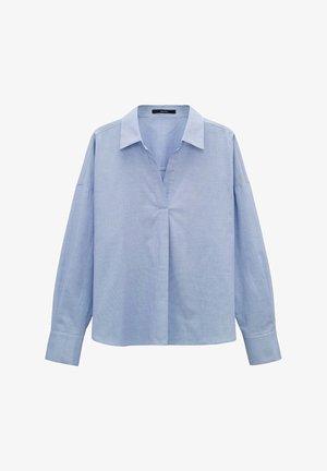 Chemise bleu clair à manches longues avec un col, décolleté en V et coupe décontractée. Fabriquée dans un tissu texturé avec un motif subtil.