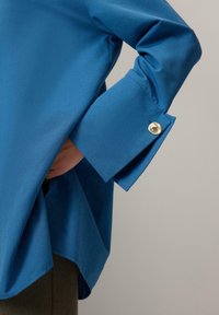 Sinine pikakarvaline särk, millel on lõdvestunud lõige, suured mansetid kullavärviliste nööbikestega ja sile tekstuur. Alumine äär on veidi kumer.