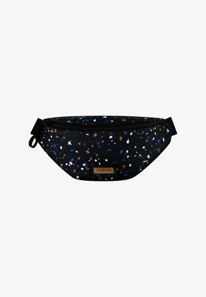 Marsupio in tessuto nero con macchie stampate blu, bianche e marroni, cerniera superiore e etichetta logo marrone sul davanti.