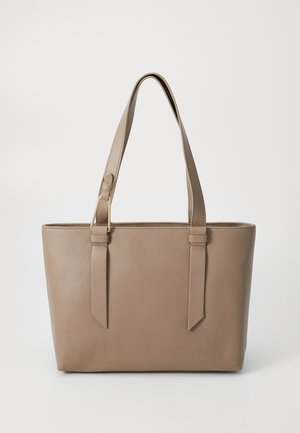 Graue Ledertasche mit zwei Griffen, ausgestattet mit einer strukturierten Oberfläche und goldfarbenen Akzenten. Rechteckige Form mit minimalistischem Design.