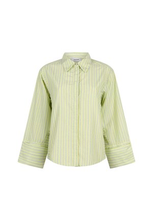 Lichtgroen overhemd met knopen, voorzien van verticale gele en witte strepen en brede manchetten aan de lange mouwen, kraag gesloten met een bovenste knoop.