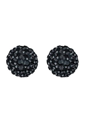 Zwei runde schwarze Ohrstecker, bedeckt mit kleinen facettierten Kristallen mit einer reflektierenden, strukturierten Oberfläche.