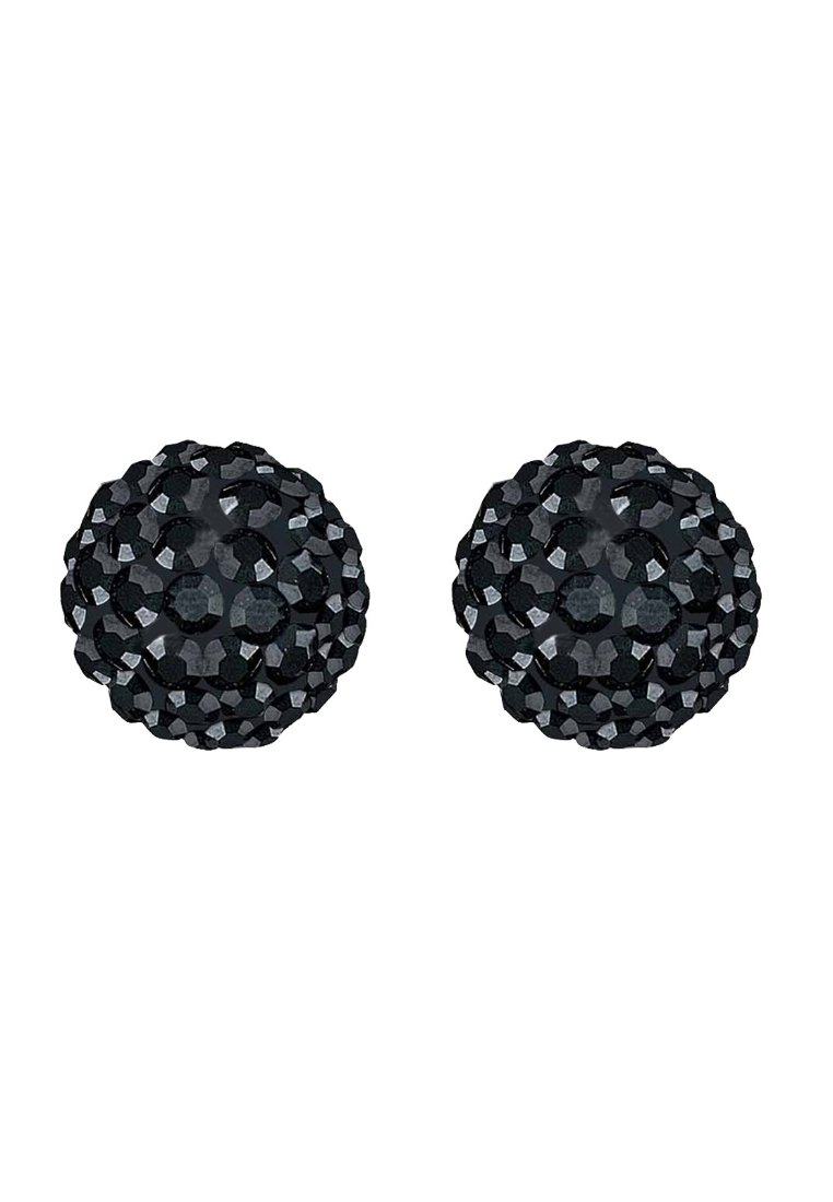 Deux clous d'oreille ronds noirs recouverts de petits cristaux facettés avec une surface réfléchissante et texturée.