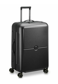 Valigia rigida nera con finitura testurizzata, manico retrattile e quattro ruote con accenti gialli per una maggiore manovrabilità. Chiusura con zip fluida.