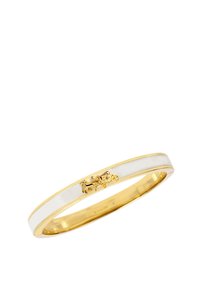 Gold-tone metal bangle bracelet featuring a white enamel inlay with embossed horse and carriage design. Smooth finish with sleek edges.