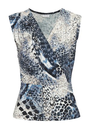 Top senza maniche in stampa serpente blu, bianco e beige. Presenta un profondo scollo a V e una vita aderente con orlo svasato. Tessuto dalla texture morbida.