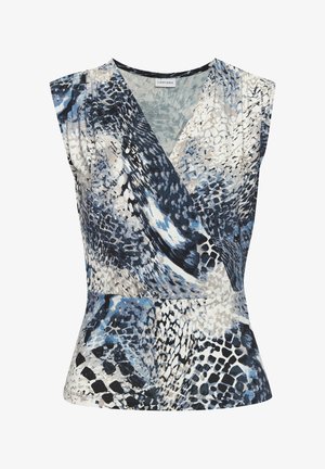 Ärmelloses Oberteil in Blau, Weiß und Beige mit Schlangenmuster. Verfügt über einen tiefen V-Ausschnitt und eine taillierte Taille mit einem ausgestellten Saum. Weicher Stoff.