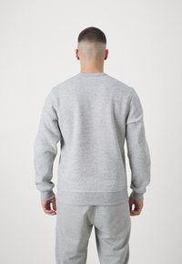 Felpa grigia con maniche lunghe, polsini e orlo a costine, texture morbida, colletto a girocollo standard e design semplice, indossata con pantaloni grigi abbinati.