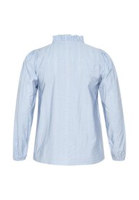 Blouse bleu clair à manches longues avec un col à volants, des manches bouffantes et des rayures texturées verticales sur le tissu.