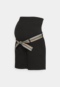 Shorts de maternité noirs avec une taille élastique et une ceinture tissée décorative aux rayures or et argent. Tissu en coton lisse.
