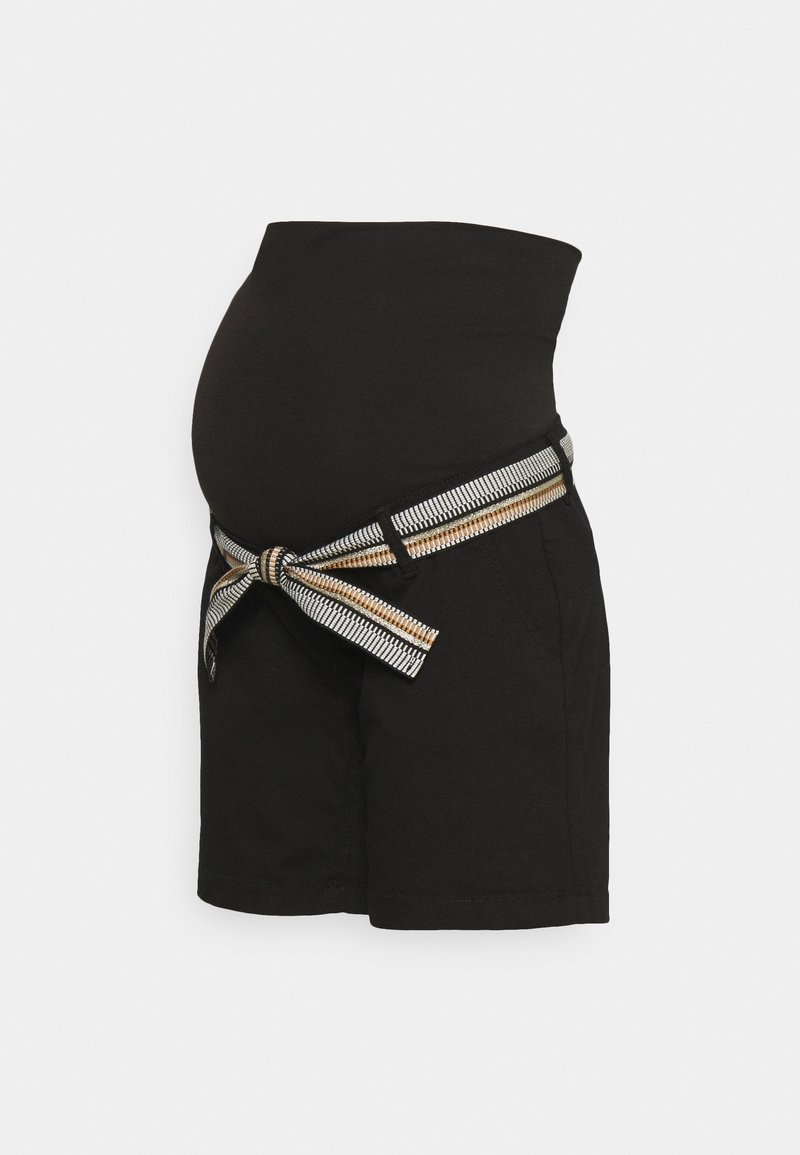 Shorts de maternité noirs avec une taille élastique et une ceinture tissée décorative aux rayures or et argent. Tissu en coton lisse.