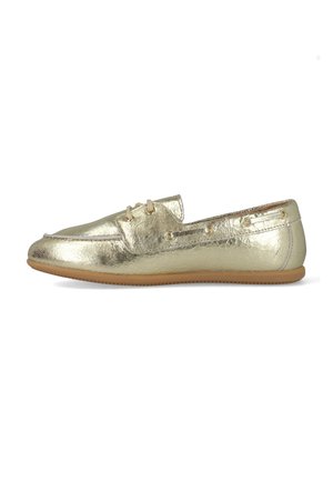 Metallic gold leather moccasin with tan rubber sole and lace detail on the upper side.