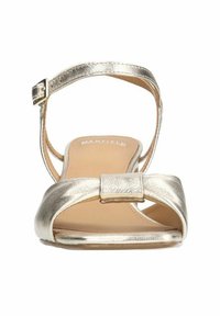 Gold metallic sandals feature a wide toe strap, delicate ankle strap with buckle, and a neat bow accent on the front. Smooth texture.