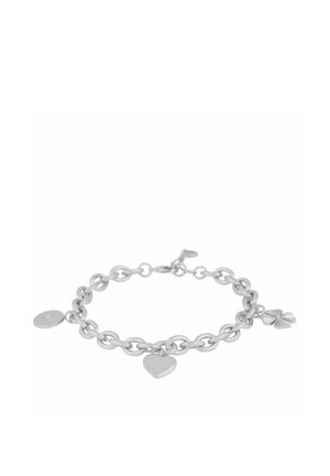 Silver chain bracelet with heart, four-leaf clover, and round disc charms on a white background.