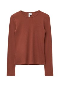 Langärmliges, rostfarbenes Hemd aus geripptem Stoff mit rundem Halsauschnitt und lässiger Passform, das seitlich am Saum Schlitze aufweist.