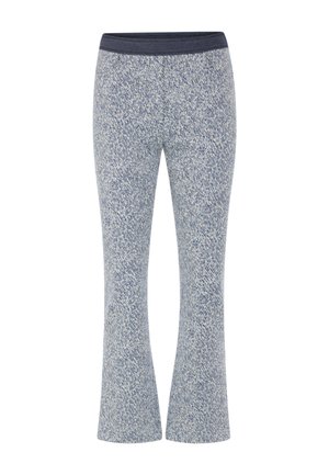 Women's knit pants with blue and white speckled pattern, elastic dark blue waistband, and slightly flared legs.