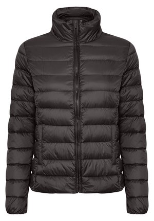Doudoune noire avec un col montant, design matelassé, fermeture éclair à l'avant et deux poches latérales. Présente une texture lisse et brillante.