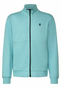 Light blue zip-up jacket made of soft fabric, featuring a high collar, black zipper, and tonal stitching. Small logo on the chest.