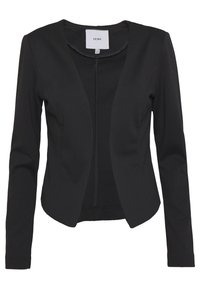 Blazer nero realizzato in tessuto elasticizzato, con scollo rotondo, apertura frontale e maniche lunghe. Struttura semplice e senza decorazioni.