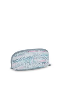 Pochette cosmetica con cerniera realizzata in materiale traslucido, decorata con un motivo di foglie bianche e rosa pastello su uno sfondo blu.
