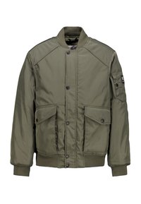 Olivgrüne Bomberjacke mit glatter Textur, Druckknöpfen, zwei Fronttaschen und gerippten Bündchen und Saum. Verfügt über ein wattiertes Design für Wärme.