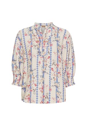 Bluse med blomsterprint og flæsekant, der har lyseblå og rosa nuancer, halvlange ærmer og en afslappet pasform. Blødt stof.