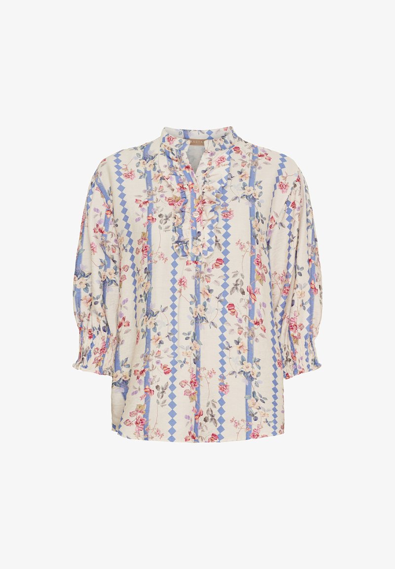 Bluse med blomsterprint og flæsekant, der har lyseblå og rosa nuancer, halvlange ærmer og en afslappet pasform. Blødt stof.