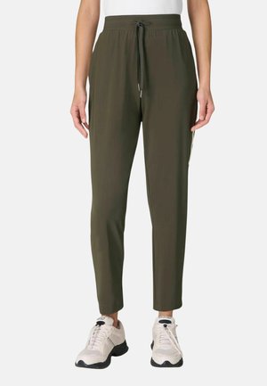 Pantalons de jogging vert olive en matière légère, avec une ceinture élastique à cordon de serrage, des poches latérales et des jambes fuselées.