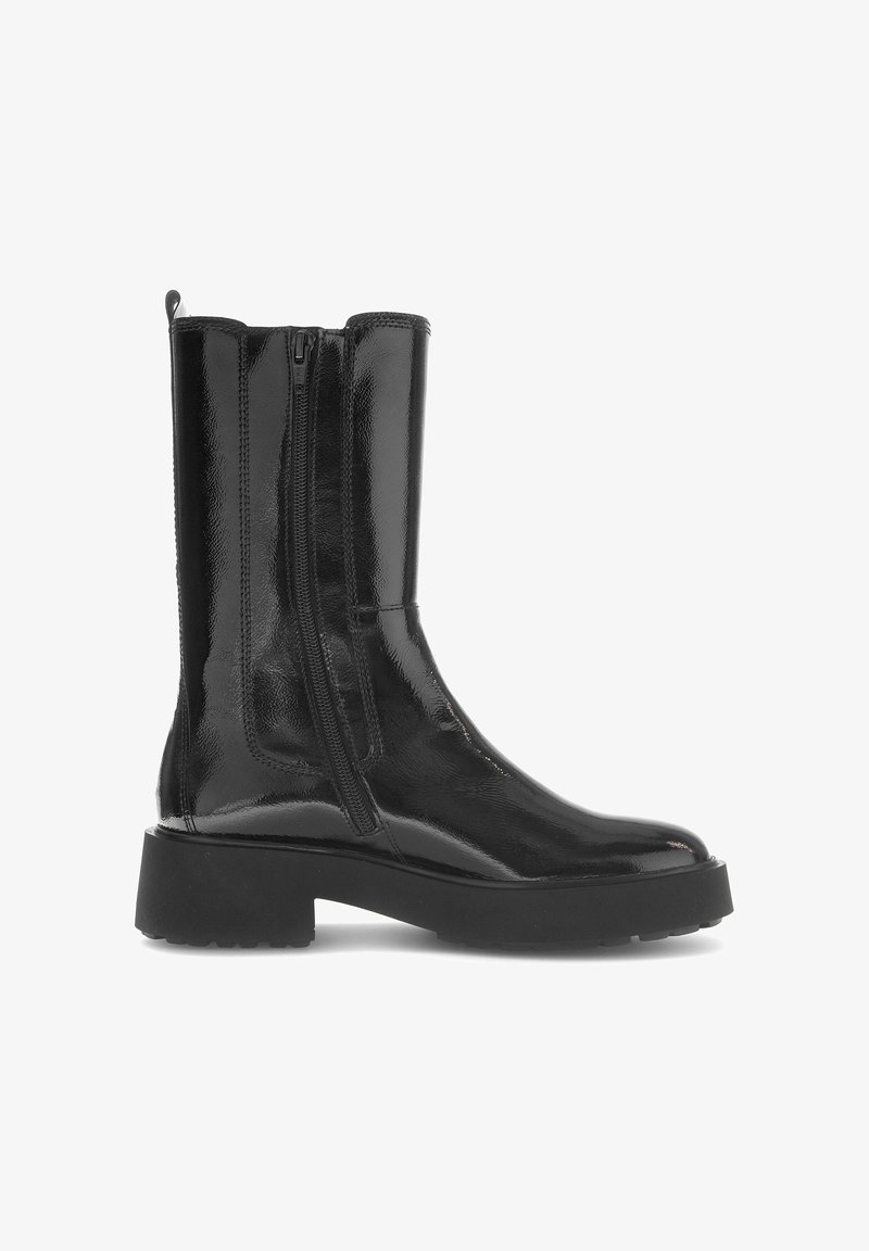 Black ankle boots with a shiny patent finish, featuring two side zippers, a chunky sole, and smooth texture. Clean, modern design.