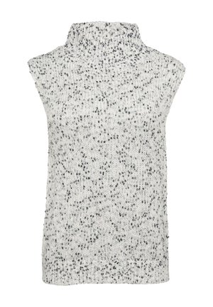 Grijze en witte mouwloze gebreide sweater met een hoge hals. Gecombineerd garen met een gespikkeld patroon. Losse pasvorm met scherpe randen.