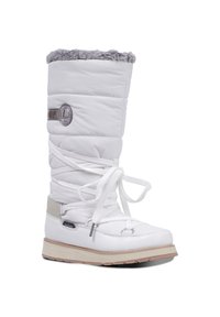White snow boots with a padded design, faux fur cuff, lace-up front, and a gray accent. Features a rubber sole and metallic branding.