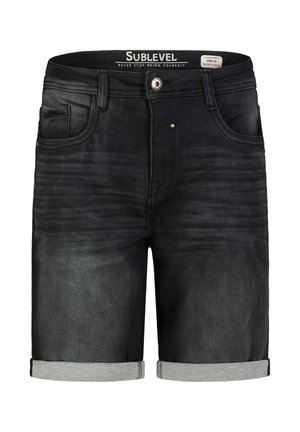 Schwarze Denim-Shorts mit umgeschlagenen Bündchen, vorderen Taschen, Knopfverschluss und "Sublevel"-Branding innen im Bund.