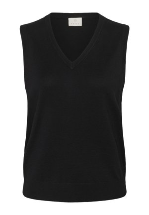 Schwarzes ärmelloses Strickoberteil mit V-Ausschnitt und geripptem Saum. Hergestellt aus weichem Material, mit einem schlichten Design ohne Verzierungen.