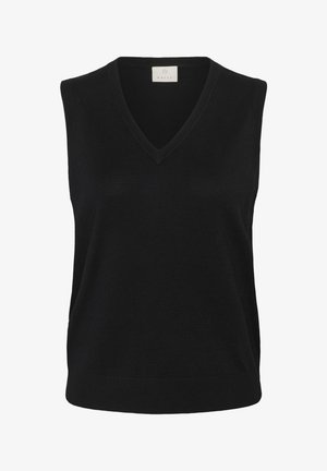 Schwarzes ärmelloses Strickoberteil mit V-Ausschnitt und geripptem Saum. Hergestellt aus weichem Material, mit einem schlichten Design ohne Verzierungen.