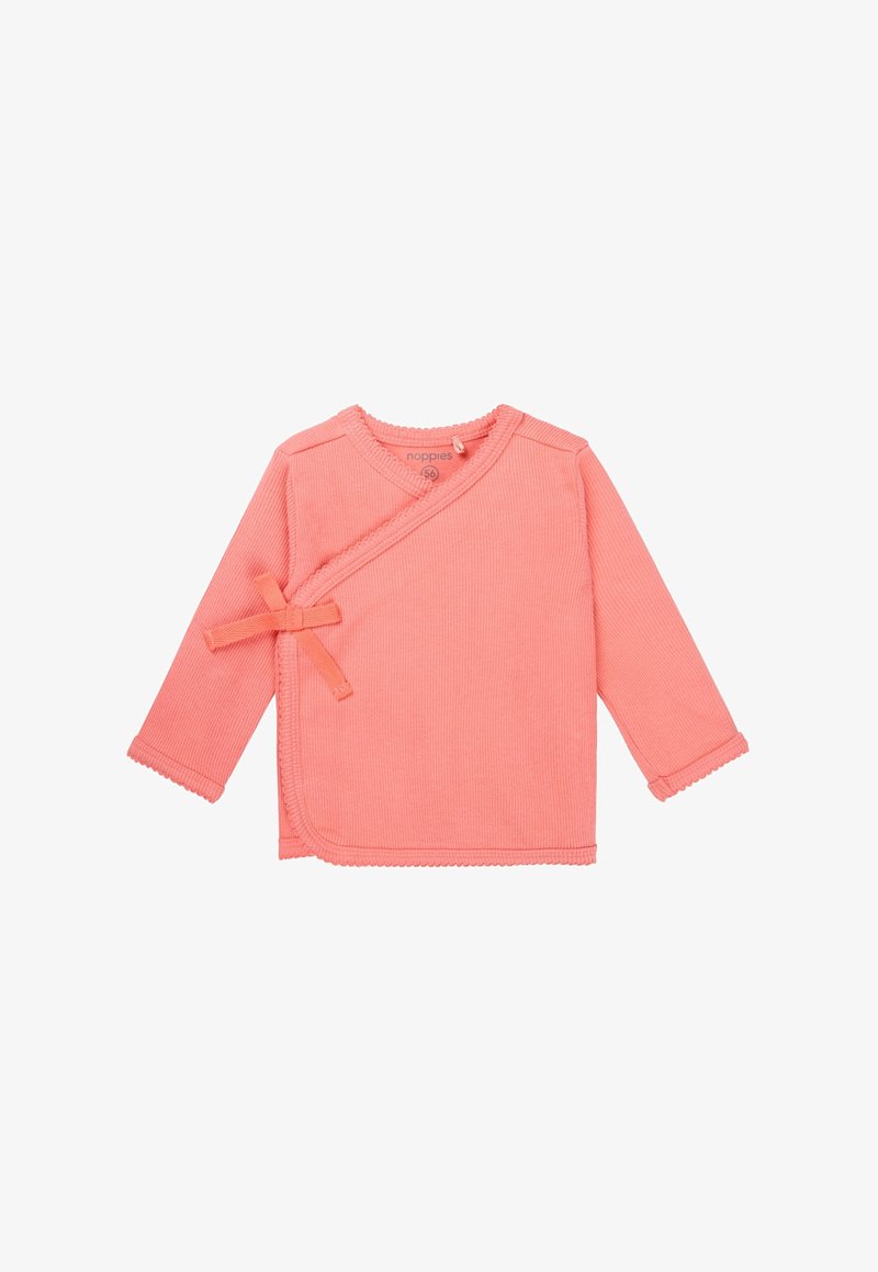 Haut cache-cœur à manches longues couleur corail clair en tissu côtelé, avec un lien latéral, des bords festonnés et une petite fermeture par bouton au niveau du cou.